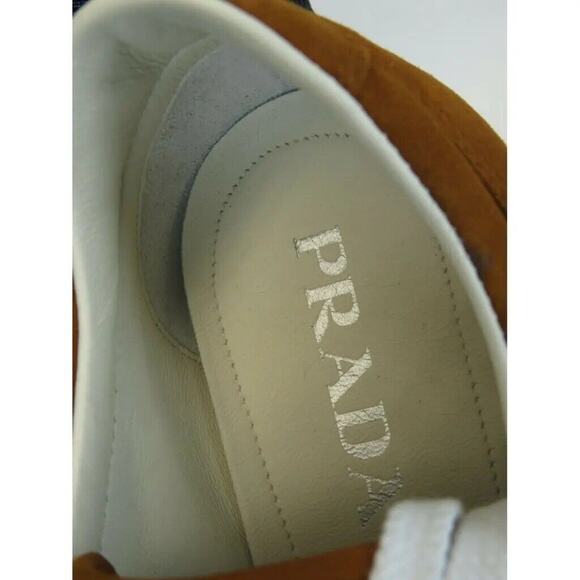 PRADA 2EG286 CAMEL SUEDE STRIPE LOGO LOW TOP LACE UP SNEAKERS 8 / US 9 ITALY - Picture 11 of 12